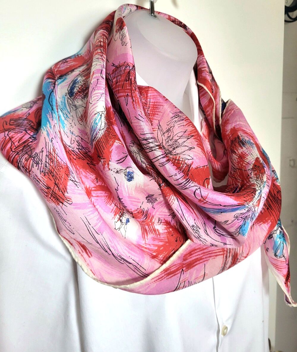 Vintage Misty Rose Sheer Silk Chiffon Scarf Red Blue Roses Japan 60s 29 inch